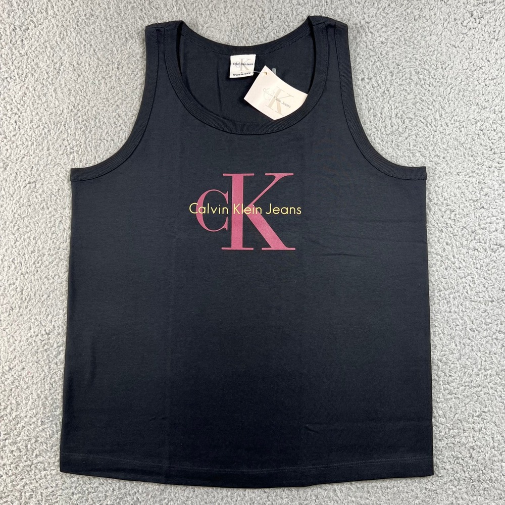 Calvin Klein Jeans Tank Top Juniors Large Black Graphic Logo Cotton VTG NWT